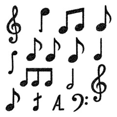 Hand-drawn music notes and symbols in textured sketch style, Transparent Background