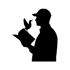 Silhouette of man reading book with bird perched on open pages. This silhouette shows person enjoying story, with bird symbolizing freedom.