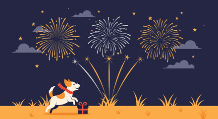 Fototapeta premium Happy Dog Celebrating New Year With Fireworks And Christmas Present Holiday Season