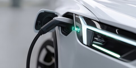 The sleek electric car charging with modern technology and design elements.