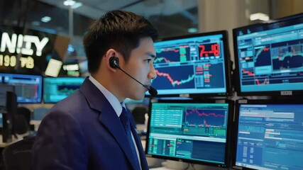 Asian stock market trader analyzing financial data charts on multiple monitors at work station. Analyst works in modern office. Stock trader views multiple monitors - Powered by Adobe
