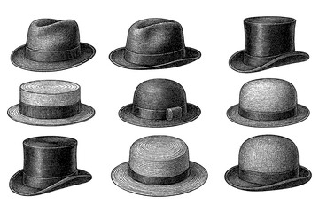 Collection of vintage hats and headwear in engraving style, Transparent Background