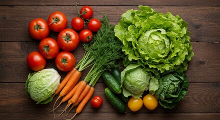 Fresh vegetables still life overhead arrangement on rustic wood table