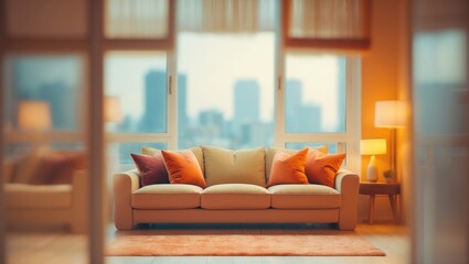 Fototapeta premium A cozy living room sofa with cushions in a warm lit room, viewed through glass doors. Furniture and interior decor. The concept of home comfort and interior design.