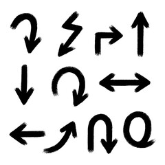 Hand drawn brush arrows and X signs in grunge ink style. Curved, straight, and twisted arrow icons with dry brush texture isolated on transparent background PNG.
