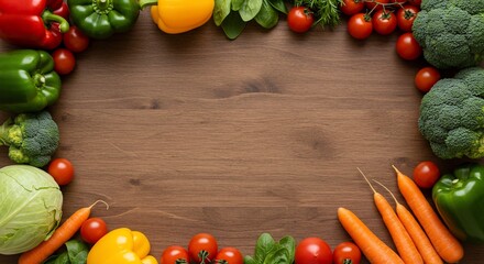 Fresh vegetables border on wooden surface healthy food background