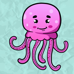 Digital illustration of a friendly cute Whimsical pink Jellyfish Character Illustration on paper blue background with cartoonish features . Character of the sea animals for the logo, mascot, design
