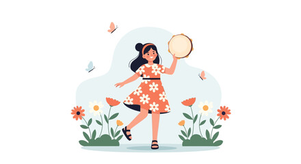 Happy Girl Playing Tambourine In A Spring Meadow With Butterflies