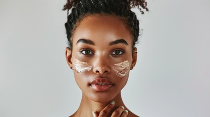 Beauty and skin care. Skincare hydration and oil balance. Portrait of African American woman with afro braids hairstyle is applying a cream smear on her face and standing against white background