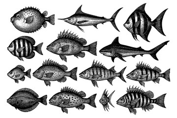 Fototapeta premium Variety of sea fish and marine creatures in vintage style, Transparent Background