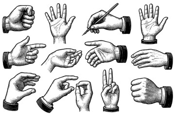 Vintage hand gestures and objects in engraving style, Transparent Background