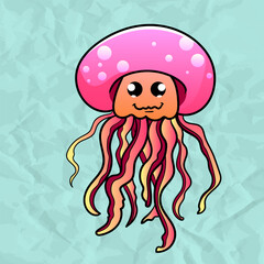 Digital illustration of a friendly cute Whimsical Jellyfish Character Illustration on paper blue background with cartoonish features . Character of the sea animals for the logo, mascot, design