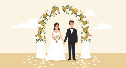 Happy Newlyweds Standing Under Floral Arch Wedding Celebration Ceremony Love