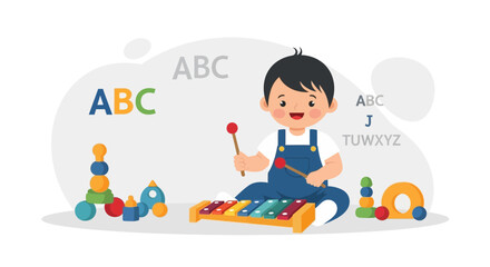 Fototapeta premium Happy Toddler Plays Xylophone and Enjoys Learning Letters in Educational Environment