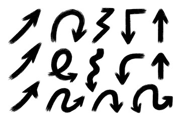 Hand drawn brush arrows and X signs in grunge ink style. Curved, straight, and twisted arrow icons with dry brush texture isolated on transparent background PNG.