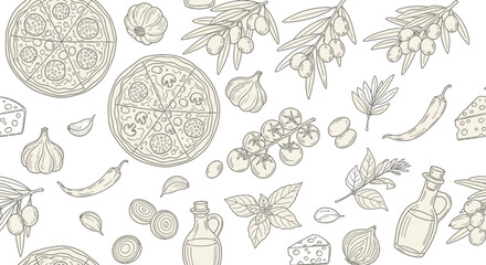 Pizza and Italian food ingredient seamless monochrome pattern design