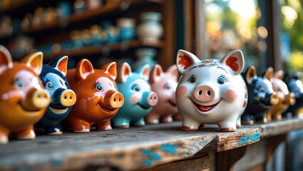 Colorful piggy banks displayed on a wooden shelf at a store or market.