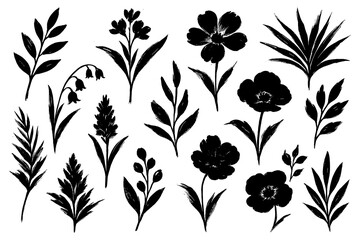 Floral and botanical silhouettes in bold black style, Transparent Background