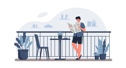 Morning News Enjoying On The Balcony In A Relaxing Environment With Plants