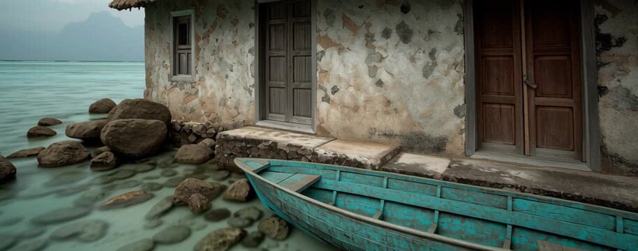 rustic house at ocean shore with rocky water and a blue row boat