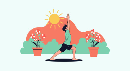 Morning Wellness Illustration Of A Person Practicing Yoga In Serene Outdoor Environment