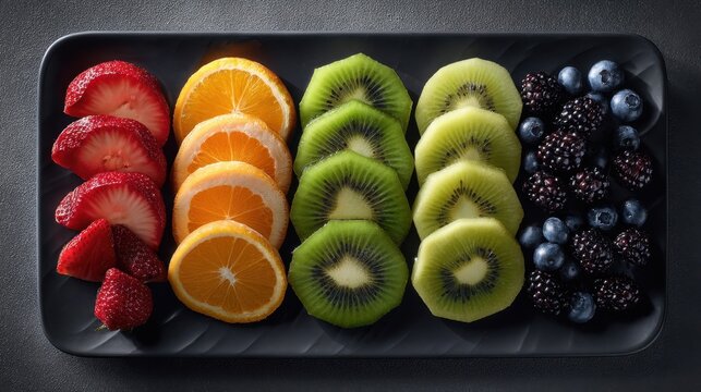Fresh fruit platter arranged symmetrically on modern black rectangular serving tray