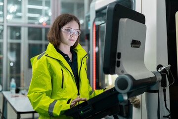 women engineer using computer control panel cnc machine at workshop. technician Female control...
