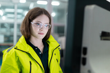 women engineer using computer control panel cnc machine at workshop. technician Female control...