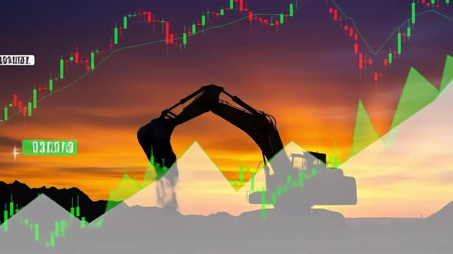 Silhouette of excavator against a sunset sky overlaid with financial stock charts and an investmentrelated logo