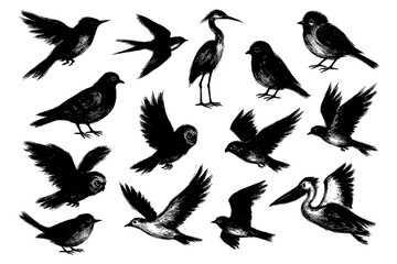 Silhouettes of various bird species in vintage ink style, Transparent Background