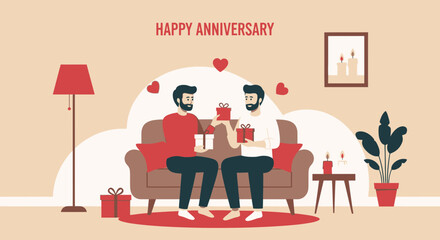Homosexual Couple Celebrating A Romantic Anniversary Presenting Each Other Gifts