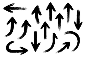 Hand Drawn Brush Arrow Icons and Cross Signs - Set of Grunge Black Arrows and X Symbols in Ink Brush Style Isolated on Transparent Background PNG