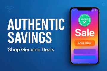 Promotional graphic featuring a smartphone displaying a colorful "Sale" screen with a "Verified" checkmark, alongside bold text promoting genuine savings on a blue background.
