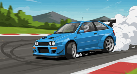 Vector Cartoon Rally Car Drifting and Spinning Out-High-Speed Race Illustration