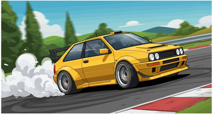 Vector Cartoon Rally Car Drifting and Spinning Out-High-Speed Race Illustration