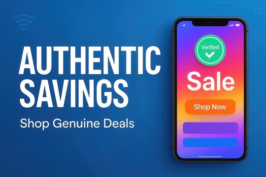 Promotional graphic featuring a smartphone displaying a colorful "Sale" screen with a "Verified" checkmark, alongside bold text promoting genuine savings on a blue background.