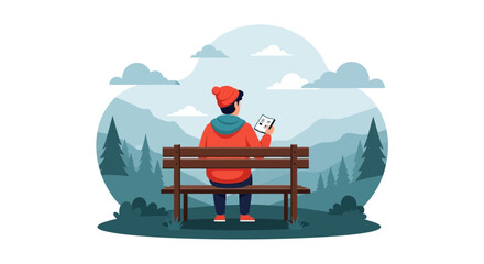 Illustration Of A Man Resting On Bench With Tablet In Nature Setting