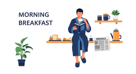 Man Enjoying Coffee And Reading During Relaxing Morning In His Kitchen