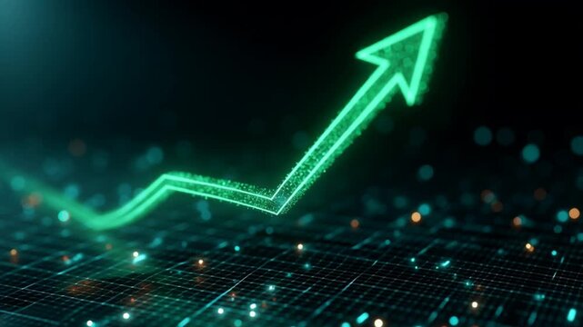 A green glowing upward arrow on a dark abstract background with a grid pattern and glowing lights The arrow is positioned in the center of the image with a slight curve that suggests growth or