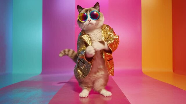 Cat wearing gold party suit and sunglasses striking dance pose