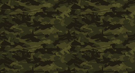 Fototapeta premium Vector Camouflage Aviation Seamless Patterns-Military Jet, Helicopter, Plane Silhouettes in Khaki Green Camo