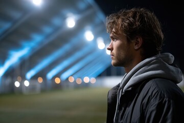 A young man reflects thoughtfully on a soccer field at night, capturing the essence of solitude and introspection in the beautiful game and its impact on his life choices.