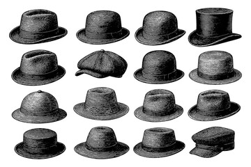 Vintage Hat Collection Black and White – Antique Illustration of 30 Historical Headwear Styles Including Fedora, Top Hat, Beret, Flat Cap, Helmet – Transparent Background PNG for Graphic Use