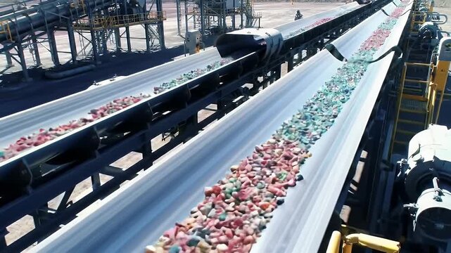 Industrial Conveyor Belts Transporting Crushed Minerals and Ore at a Large Scale Mining or Processing Plant Facility