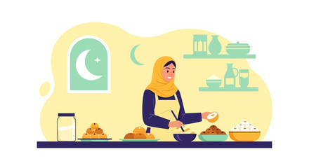 Muslim Woman Prepares Traditional Dishes For Festive Celebration At Home Kitchen