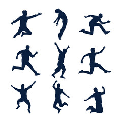 Hand drawn man jumping silhouette set