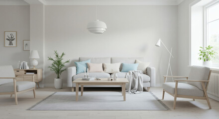 Scandinavian Living Room with White and Wood Palette
