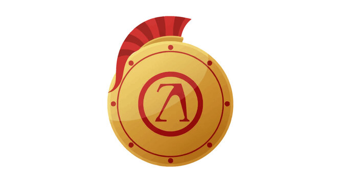 Vector Icon of Spartan Shield-Gold & Red Lambda Symbol Representing Ancient Sparta
