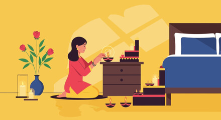 Indian Woman Celebrating Diwali Festival with Traditional Oil Lamps Decoration