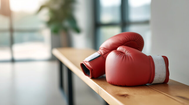 Pair of red boxing gloves on wooden bench in gym with blurred background.